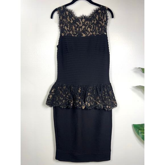 Tadashi Shoji Black Lace Overlay Peplum Midi Dress Medium Cocktail Party Wedding - Picture 1 of 9